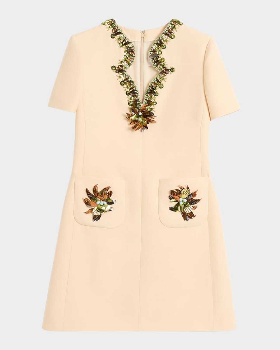 Embellished Short-Sleeve Crepe Mini Dress
